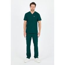 Mazey Uniform Avcı Yeşili  Viscon Likralı V Yaka Takma Kol , Hemşire ve Doktor Scrubs Premium Hastane Üniforma