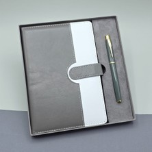 Periboia Gri Kutulu Deri Defter Roller Kalem Set