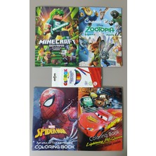 Ada Çanta Kırtasiye 4 Adet Stickerli Boyama Kitabı ve 12 Li Kuru Boya Kalemi (MINECRAFT/ZOOTOPIA/ÖRÜMCEK/ARABALAR)AD2405