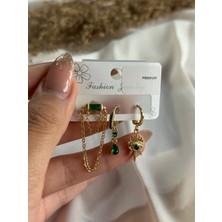 Jiwi Gold Üçlü Yeşil Taşlı Küpe Seti