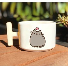 Mio Life Kedi Pusheen Baskılı Beyaz El Yapımı T Kulp Kupa Bardak