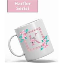 Mio Life K Harfli Kupa Bardak, Çiçekli Harf Bardak, Kişiye Özel Hediye Pembe Harf Bardak