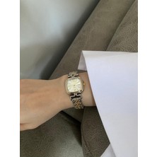 Elifra Gümüş Altın Çift Renk Kadın Kol Saati-Vintage Kare Kadranlı Örgü Kordonlu Şık Takı Saat-Two Tone Retro Model