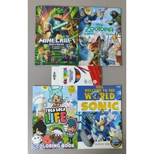 Ada Çanta Kırtasiye 4 Adet Stickerli Boyama Kitabı ve 12 Li Kuru Boya Kalemi (MINECRAFT/ZOOTOPIA/TOCABOCA/SONIC)AD2410