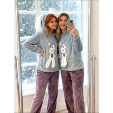 NiCe İç Giyim Gri & Mürdüm Renk Tavşan Kulaklı Kapüşonlu Welsoft Peluş Kışlık  Bayan Pijama Takım