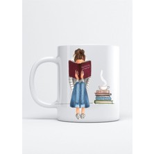 Mio Life Kadın Kahve ve Kitap Baskılı Porselen Kupa Bardak