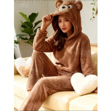NiCe İç Giyim Kahverengi Ayıcık Temalı Kapuşonlu Welsoft Peluş Yumuşacık Bayan Pijama Takımı