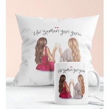 Mio Life 2 Arkadaşa Özel Her Zaman Yan Yana Hediyelik Yastık ve Kupa Seti