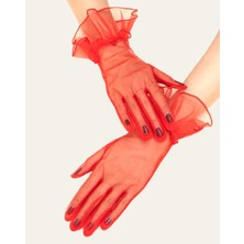 Pazarcan Kısa Boy Likralı Güpürlü Yetişkin Tül Eldiven Kırmızı Renk