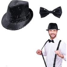 Pazarcan Siyah Payetli Şapka ve Papyon Seti – Parıltılı Yetişkin Kostüm Seti