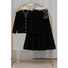 RFK Butik Kadın Triko Gold Kalpli Hırka Puf Scuba Etekli Takım - Siyah-Siyah