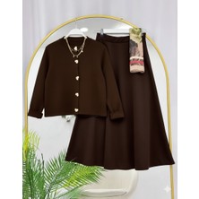 RFK Butik Kadın Triko Gold Kalpli Hırka Puf Scuba Etekli Takım - Kahverengi-Kahverengi