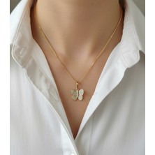Hoolya Design Xuping Kelebek Detaylı Zirkon Taşlı 14K Gold Premium Çelik Kolye