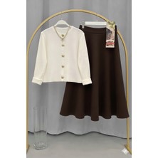 RFK Butik Kadın Triko Gold Kalpli Hırka Puf Scuba Etekli Takım - Beyaz-Kahverengi