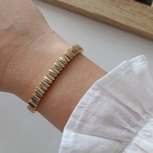 Lente Aksesuar Kadın 14K Altın Kaplama Zirkon Taşlı Baget Plaka Bileklik