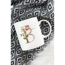 Mio Life B Harfi Baskılı Çiçek Desenli Dekoratif Baş Harf Baskılı Kupa Bardak - B Harfli Kahve Bardağı