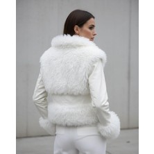 Rabiossa Kadın Premium Beyaz Deri Kürklü Ceket