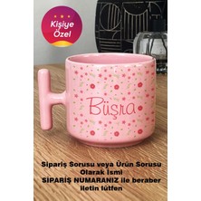 Mio Life Kişiye Özel Isim Yazılı Pastel T Kulplu Kupa Bardak Pembe Çiçek Desenli