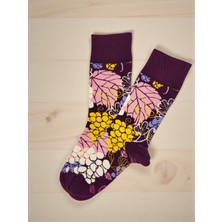 G Socks Bordo Yaprak ve Üzüm Desenli Renkli Çorap