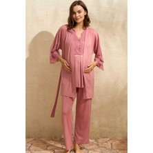 Nemere Angel Sıfır Kol V Yaka Kadın Viskon Düz Yazlık Uzun Dantel Detaylı Hamile Pijama Takımı Saba