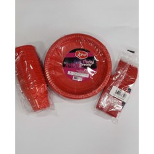 Hediye Sandalı 25 Kişilik Kırmızı Renk Doğum Günü Seti - Tabak, Bardak ve Çatal.