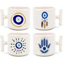 Mio Life Nazar Boncuklu Göz Baskılı 4'lü El Yapımı T Kulplu Fincan