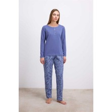 MOTTO10 Butik %95 Pamuklu Uzun Kollu T-Shirt ve Desenli Pantolon Pijama Takımı