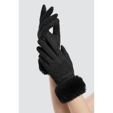 Robanu Kadın Siyah Dokunmatik Ekran Uyumlu Kürklü Süet Eldiven