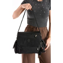 Duomino Siyah Krinkıl Suya Dayanıklı Klinkır Çok Cepli Çapraz Çanta / Omuz Çantası / Postacı Çanta