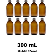 Labbakkal Cam Ecza Şişe 300 ml Amber - Beyaz Kilitli 28 mm Kapak 10 Adet