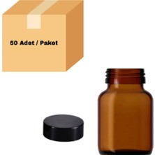 Labbakkal Cam Amber Şişe Geniş Ağız 200 ml - Siyah Kapaklı Tablet Şişe 50 Adet