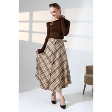 Lubiti Ekose Desenli Uzun Kloş/çan Etek-Önden Düğmeli Kemerli