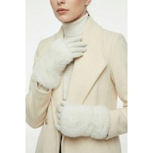 Robanu Kadın Beyaz Süet Dokulu Lüks Kışlık Eldiven Peluş Desenli Zarif Tasarım