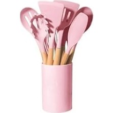 Aydenstore Pembe 12 Parça Ahşap Sap Silikon Mutfak Pasta Silikon Kepçe Çırpıcı Fırça Kevgir Kaşıklık Maşa Spatula Set