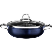 Aydenstore Titanium 24CM Sığ Tencere, Çelik Kulp, Özel Çerçeveli Cam Kapak Metalik Mavi