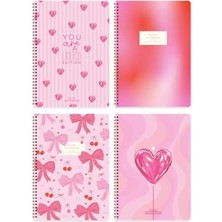 Aydenstore A4 Spiralli Karton Kapak 4’lü Set Çizgili Okul Defteri 80 Yaprak, Ders Programlı Kırmızı Kalp