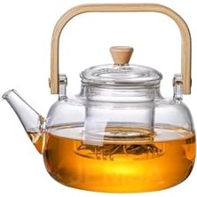 Aydenstore Ahşap Saplı Cam Filtreli Demlik 1000 ml - Dayanıklı Cam Bitki Çayı Demlik