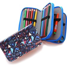 Aydenstore Kalem Kutusu Mavi Geometrik Desenli Organizer Kalemkutu Vegan Deri Üç Bölmeli Kalemlik