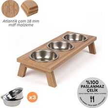 Mavi Trend Üçlü Ahşap Kedi Köpek Mama Su Kabı Standı 3lü Metal Suluk Mamalık Çelik Kaseli Demonte