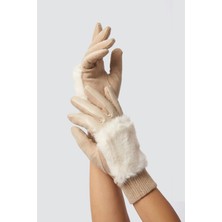 Robanu Beyaz Dokunmatik Kürklü Kadın Eldiven