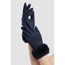 Robanu Kadın Lacivert Dokunmatik Ekran Uyumlu Kürklü Süet Eldiven