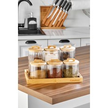 Cooker 6'lı Bambu Kapaklı Borosilikat Cam Yuvarlak Standlı Baharatlık Seti CKR3830