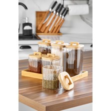 Cooker 6'lı Bambu Kapaklı Borosilikat Cam Kare Standlı Baharatlık Seti CKR3831