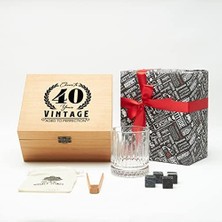 Aydenstore 40 Yaş Tasarımlı Ahşap Kutulu Tekli Glasgow Viski Kadeh Seti + 4 Soğutucu Taş Seti