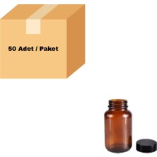 Labbakkal Cam Amber Şişe Geniş Ağız 120 ml - Siyah Kapaklı Tablet Şişe 50 Adet
