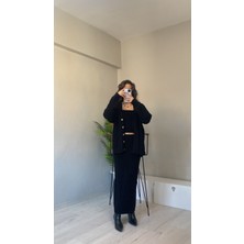 Kadın Saç Örgü Detaylı Etek Hırka Crop Üçlü Triko Takım