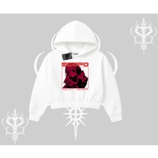 Kapşonlu Crop Sweatshirt Anime Waifu Kırmızı Grafik Desenli