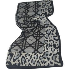 Dior Vual Ipek Şal Leopar Geometrik Desen Gri Siyah