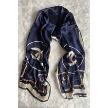 Chanel C Desen Kemerli  Vual Ipek Şal Lacivert Krem