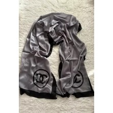 Chanel C Desen Vual Ipek Şal Ortası Boş Siyah Gri